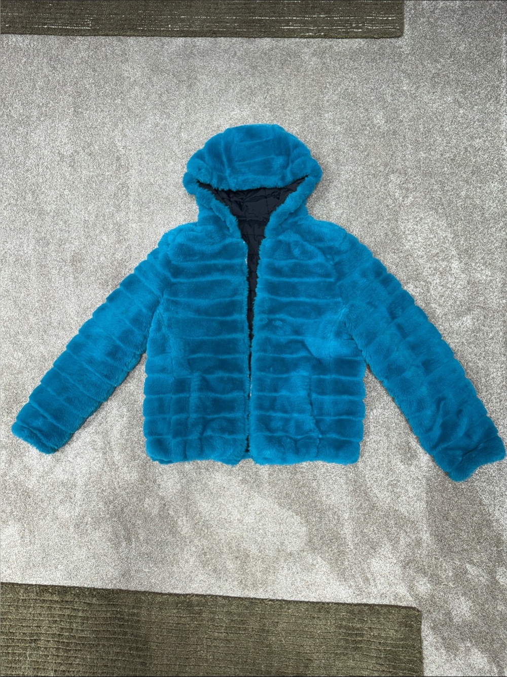 Reversible Oversized Medium Soft Bright Aqua Blue Teal Faux Fur Hooded Jacket